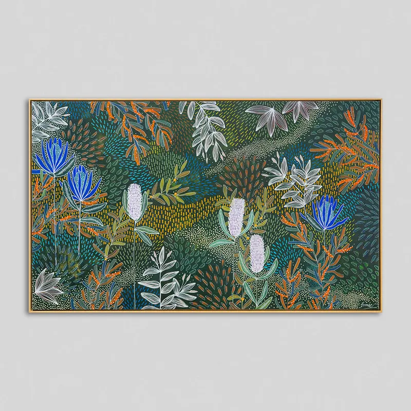 Polycotton Canvas with glossy light brown pine float frame