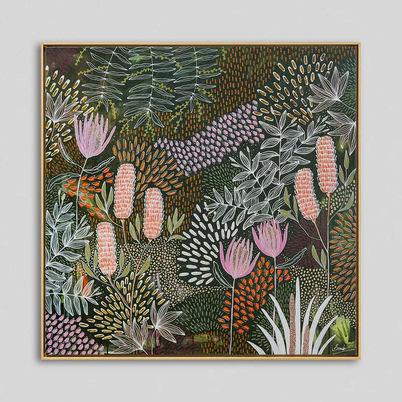 Polycotton Canvas with glossy light brown pine float frame